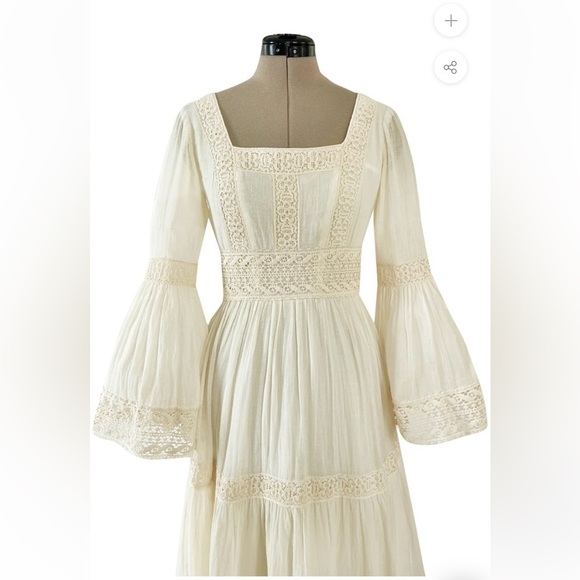 Victor Costa Mexican Wedding Dress Ivory Cotton Gauze & Lace Dress Romantic 1970 - Picture 10 of 16